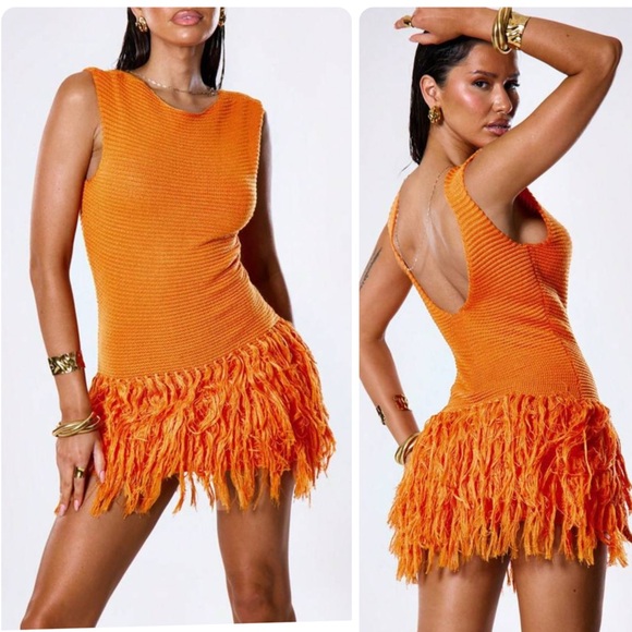 Musera Dresses & Skirts - MUSERA Tassel Hem Crochet Knit Mini Sweater Dress in orange size XS